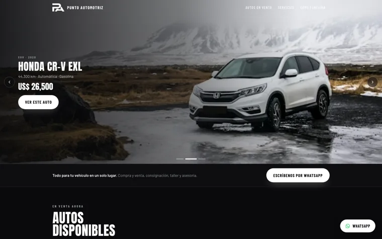 Punto Automotriz website with navigation, catalog and black-and-white design