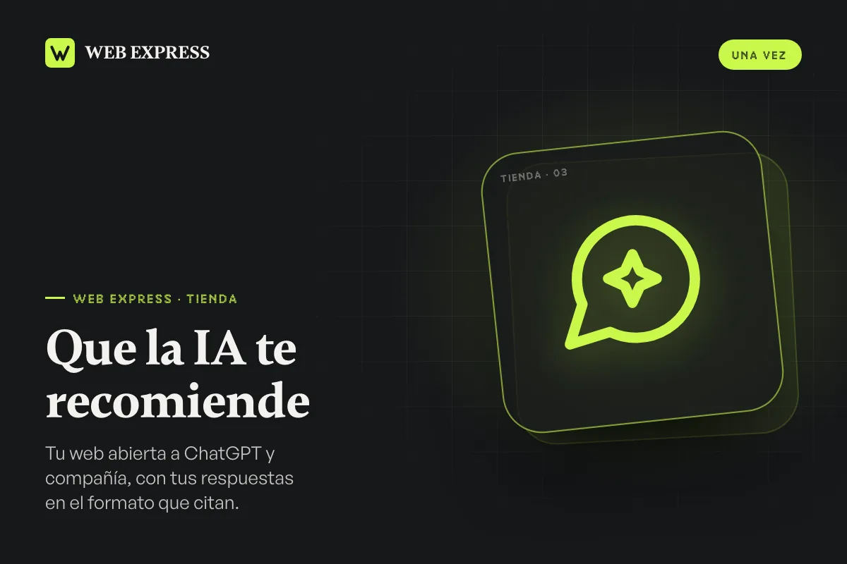 Que la IA te recomiende: burbuja de chat con destello dibujada en verde lima sobre fondo oscuro, con el nombre del producto