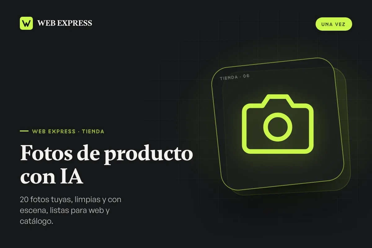 Fotos de producto con IA: cámara fotográfica dibujada en verde lima sobre fondo oscuro, con el nombre del producto