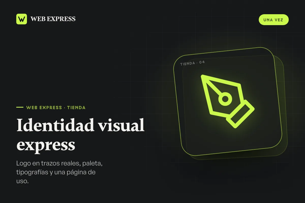 Identidad visual express: pluma de diseño dibujada en verde lima sobre fondo oscuro, con el nombre del producto