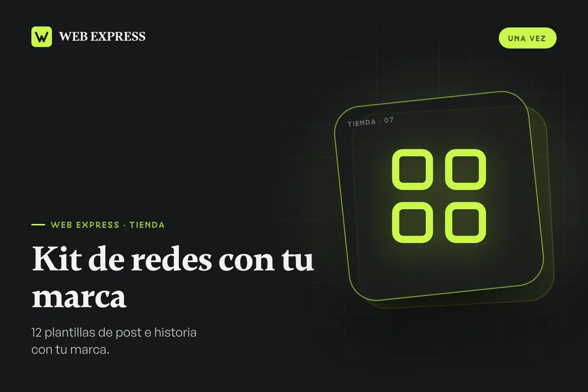 Kit de redes con tu marca: cuadrícula de cuatro plantillas dibujada en verde lima sobre fondo oscuro, con el nombre del producto