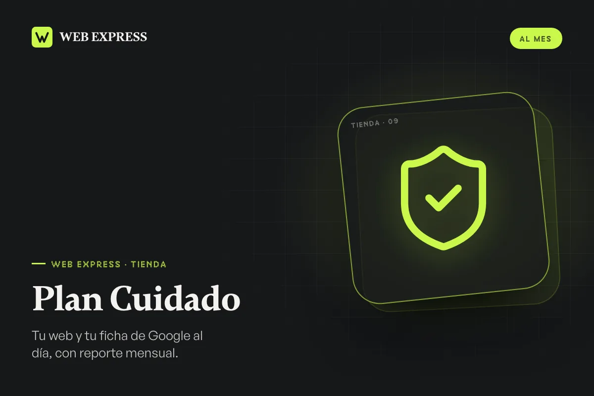 Plan Cuidado: escudo con un check dibujado en verde lima sobre fondo oscuro, con el nombre del plan