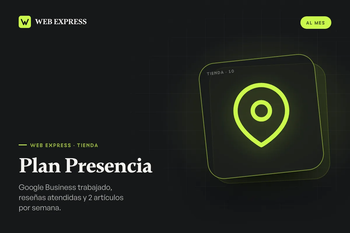 Plan Presencia: pin de mapa dibujado en verde lima sobre fondo oscuro, con el nombre del plan